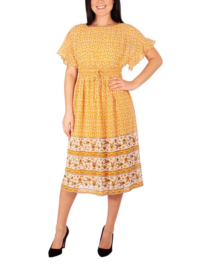 NY Collection Women's Short Flutter Sleeve Border Print Dress - Macy's