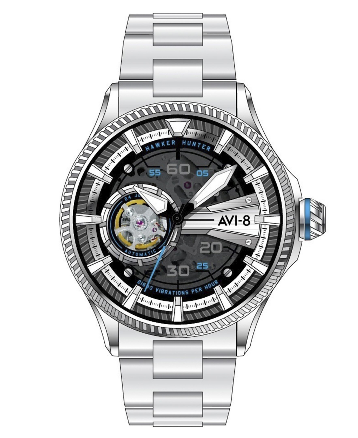 Avi-8 Men's Hawker Hunter Avon Automatic Diamonds Silver Tone Stainless Steel Bracelet Watch, 44mm