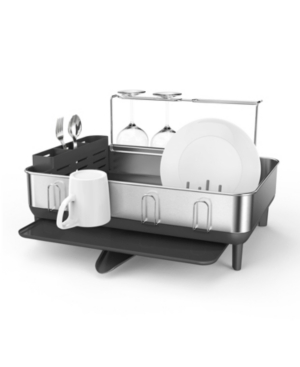 SIMPLEHUMAN KITCHEN DISH DRYING RACK WITH SWIVEL SPOUT, FINGERPRINT-PROOF STAINLESS STEEL FRAME, GREY PLASTIC 