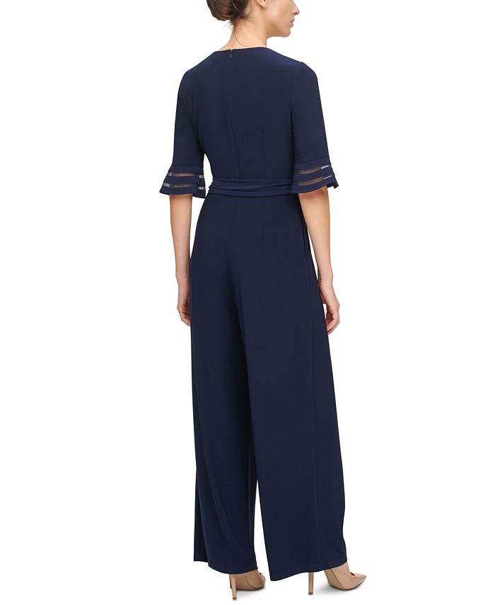 Jessica Howard Belted Illusion-Trim Jumpsuit - Macy's