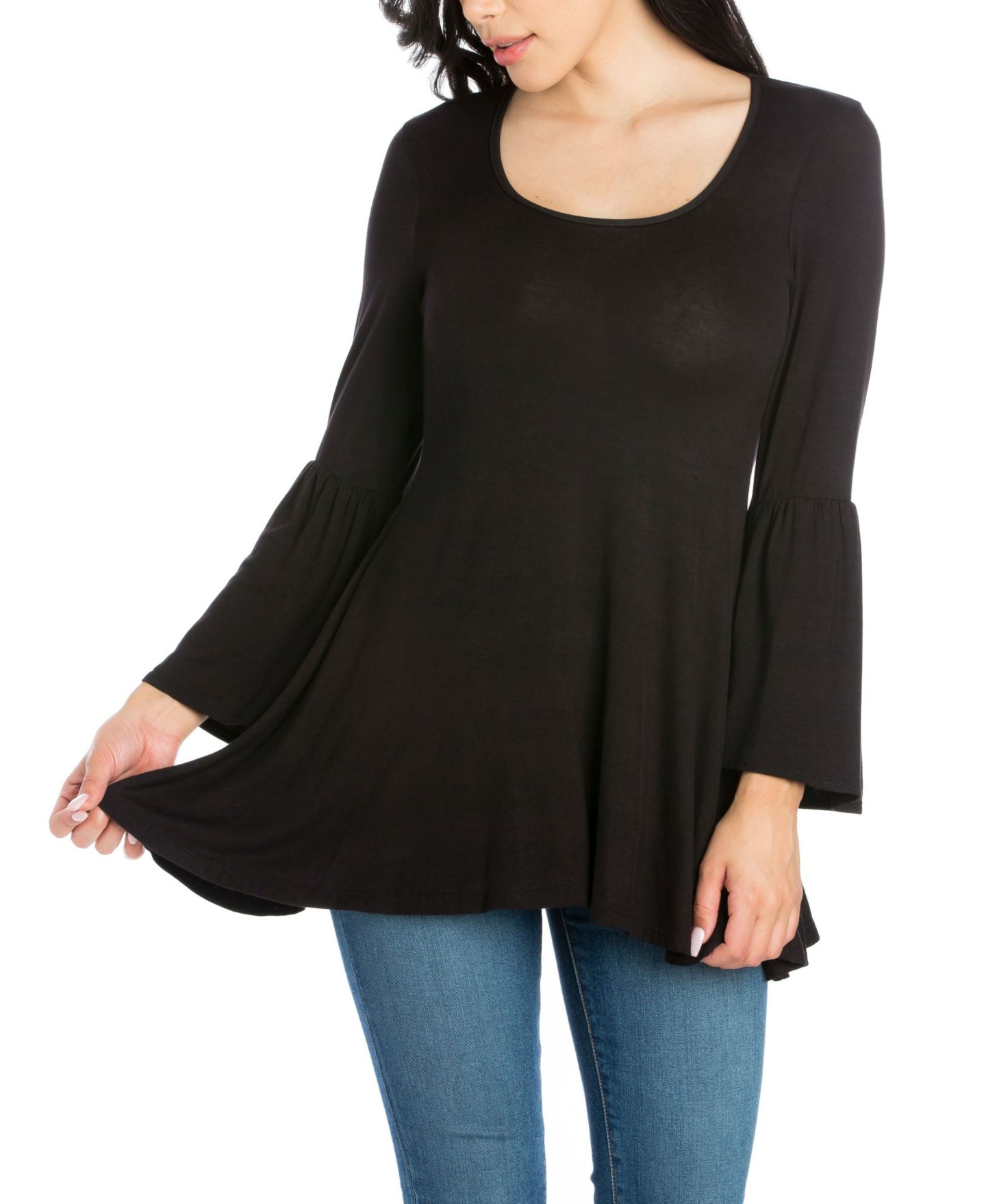 Женский топ 24seven Comfort Apparel Long Bell Sleeve Flared Tunic Top, цвет: Чёрный — фото 1