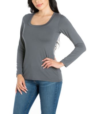 Scoop Neck Long Sleeve Solid Color Tee