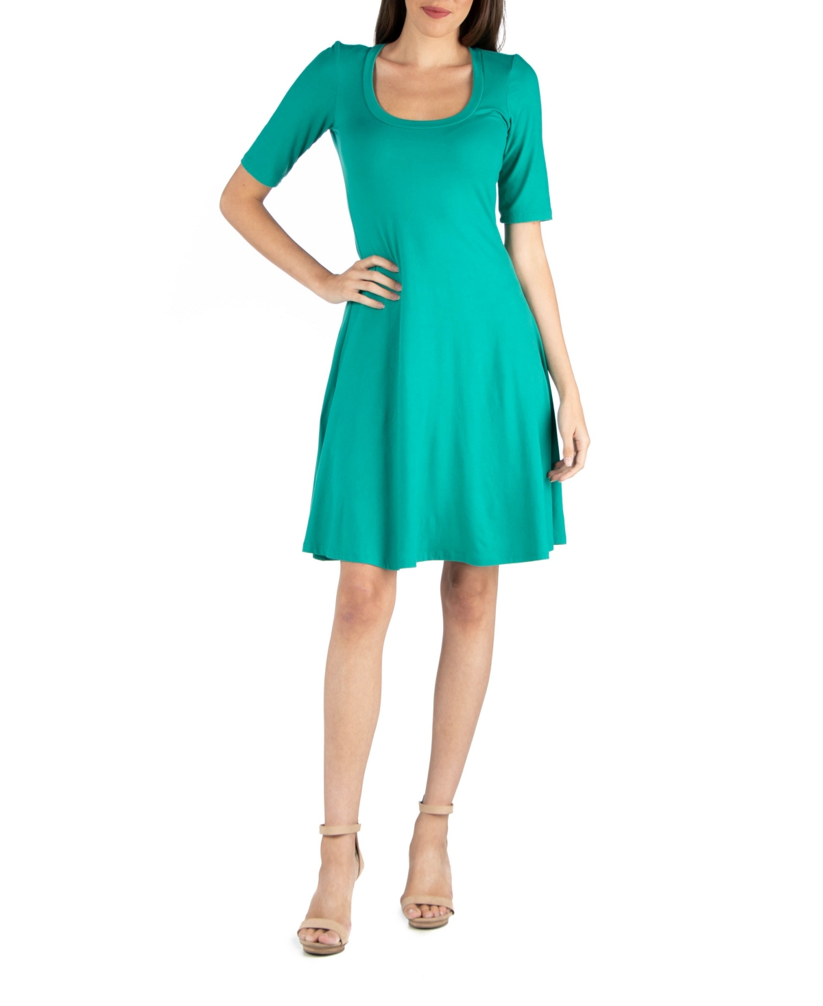 A-Line Knee Length Dress with Elbow Length Sleeves - Jade