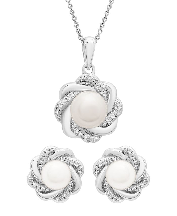 Macy's - Cultured Freshwater Pearl (6-7mm) and Diamond (1/20 ct. t.w.) Box Set (Pendant & Earrings) in Sterling Silver