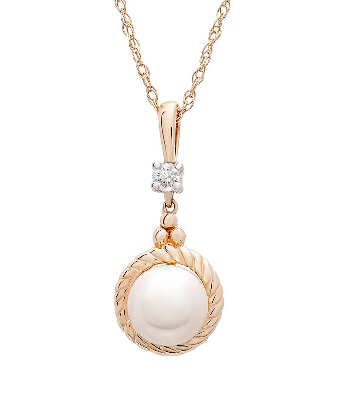 Macy's - Cultured Freshwater Pearl (7mm) and Diamond Accent Pendant Neckalce in 14k Yellow Gold