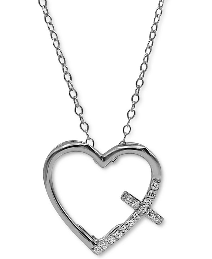 Macy's - Diamond Cross Heart 18" Pendant Necklace (1/10 ct. t.w.) in Sterling Silver