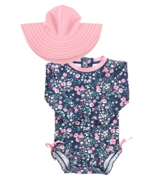 RuffleButts Baby Girls Ruffled 1-Piece Rash Guard Swim Hat Set