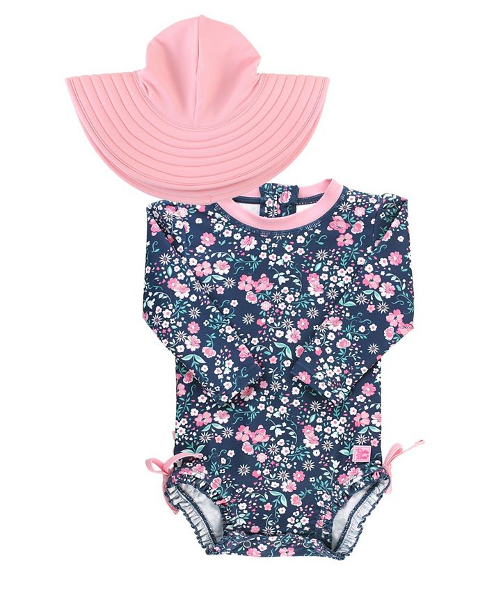 RuffleButts Baby Girls Ruffled 1-Piece Rash Guard Swim Hat Set - Macy's