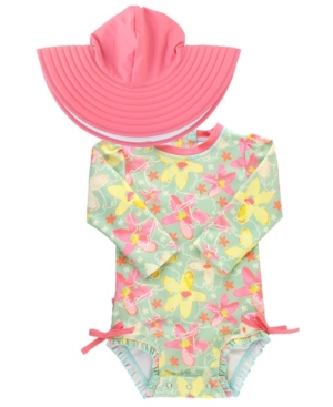 RuffleButts Baby Girls Ruffled 1-Piece Rash Guard Swim Hat Set