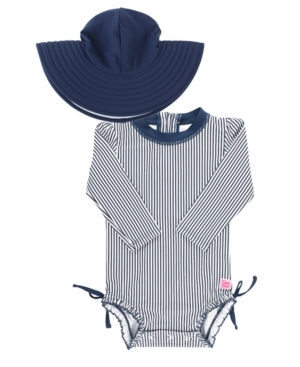 RuffleButts Baby Girls Ruffled 1-Piece Rash Guard Swim Hat Set