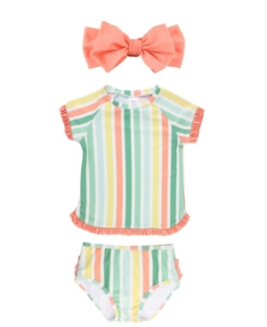 RuffleButts Baby Girls Ruffled Bikini Rash Guard Swim Bow Headband Set