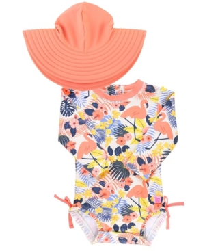 RuffleButts Baby Girls Ruffled 1-Piece Rash Guard Swim Hat Set