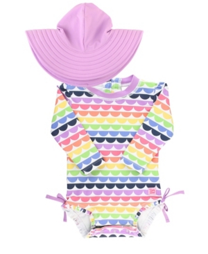 RuffleButts Baby Girls Ruffled 1-Piece Rash Guard Swim Hat Set