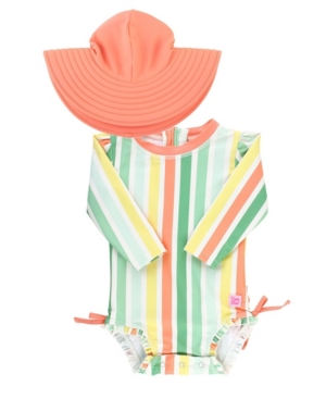 RuffleButts Baby Girls Ruffled 1-Piece Rash Guard Swim Hat Set