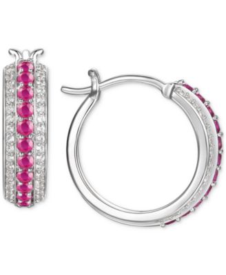 Macy's - Emerald (1/2 ct. t.w.) & Diamond (1/4 ct. t.w.) Small Hoop Earrings in Sterling Silver, 0.67" (Also in Ruby & Sapphire)