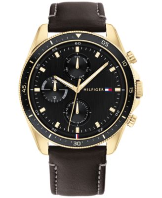 tommy hilfiger men's black leather strap watch 44mm