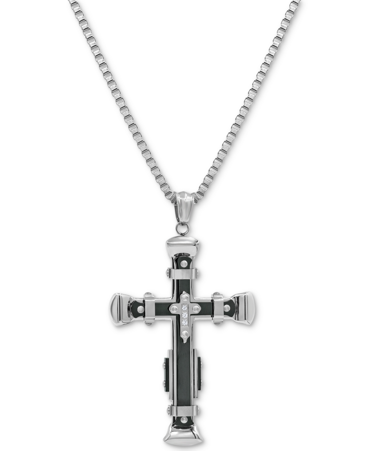 Men's Cubic Zirconia Two-Tone Cross 24" Pendant Necklace in Stainless Steel & Black Ion-Plate - Two-Tone