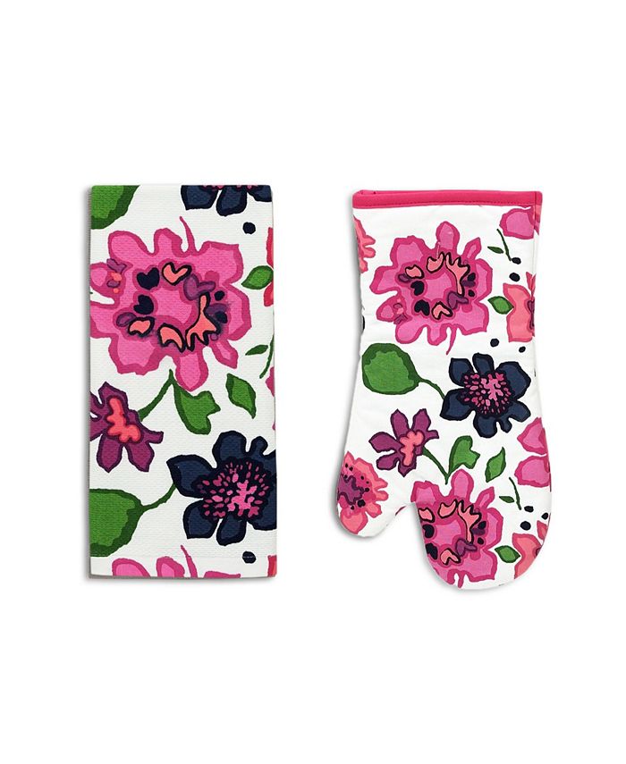 Kate Spade New York Faye Floral Coral White 2 Piece Oven Mitt Pot Holder NEW