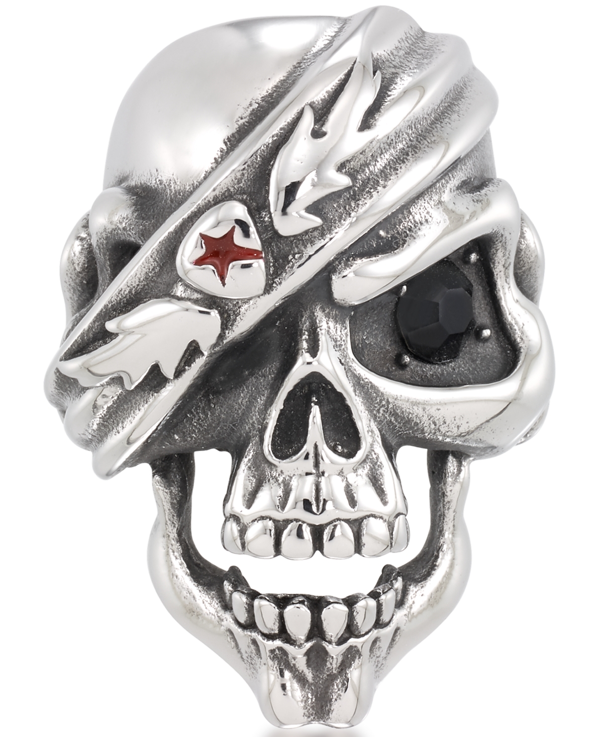 Men's Black Cubic Zirconia & Red Enamel Pirate Skull Ring in Stainless Steel - Stainless Steel