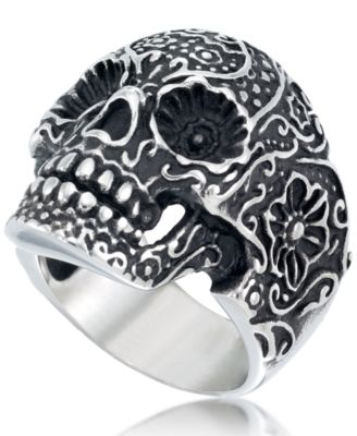 Men's Ornamental Skull Ring in Oxidized Stainless Steel