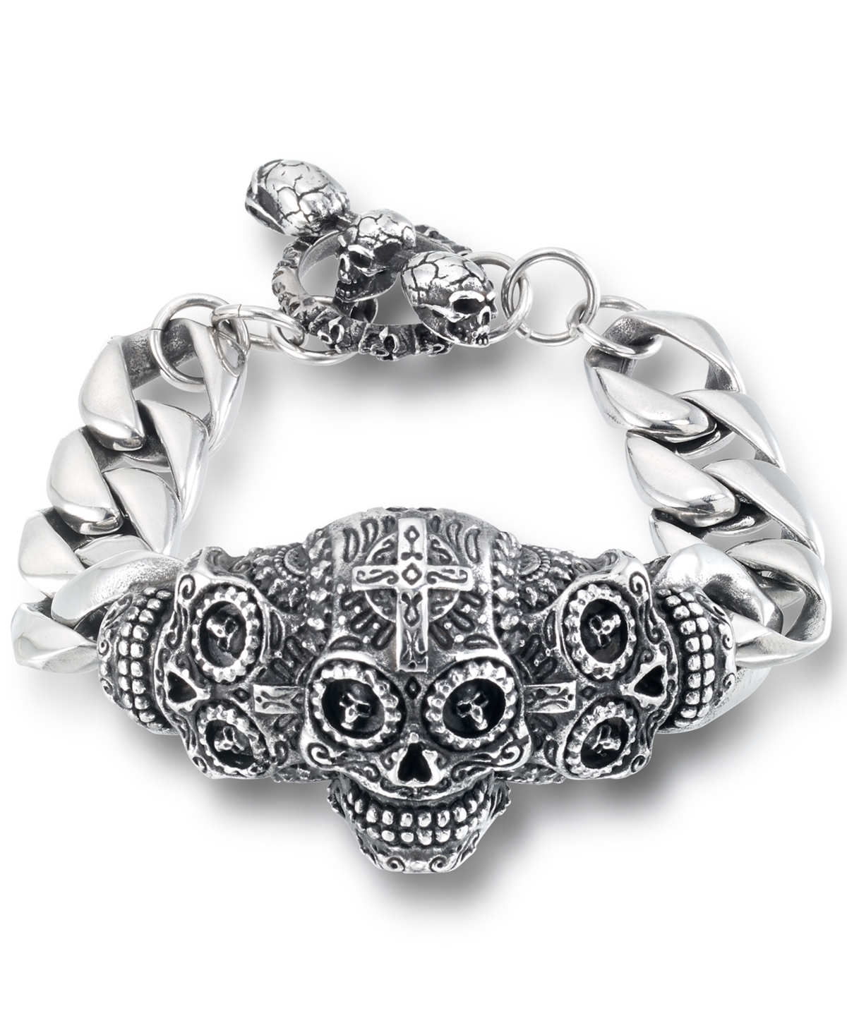 Men's Ornamental Skull Curb Link Bracelet in Stainless Steel - Stainless Steel