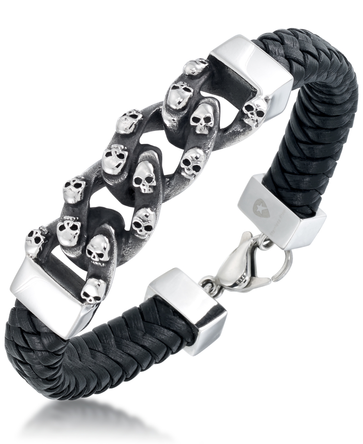 Men's Skull Link Leather Bracelet in Stainless Steel - Stainless Steel