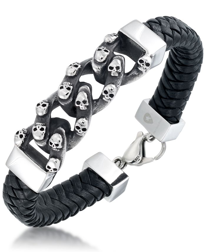 Andrew Charles by Andy Hilfiger Men's Skull Link Leather Bracelet in ...
