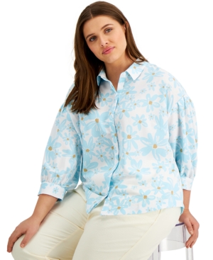 Alfani Plus Size Floral-print Shirt, Created For Macy's In White Daisy