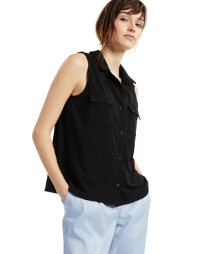 Alfani Petite Notched-lapel Sleeveless Shirt, Created For Macy's In Deep Black