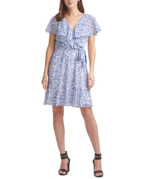 Dkny Floral-print Faux-wrap Dress In Cream/blue Multi