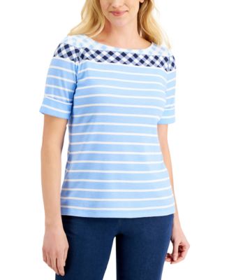 Karen Scott - Striped Gingham Elbow-Sleeve Top