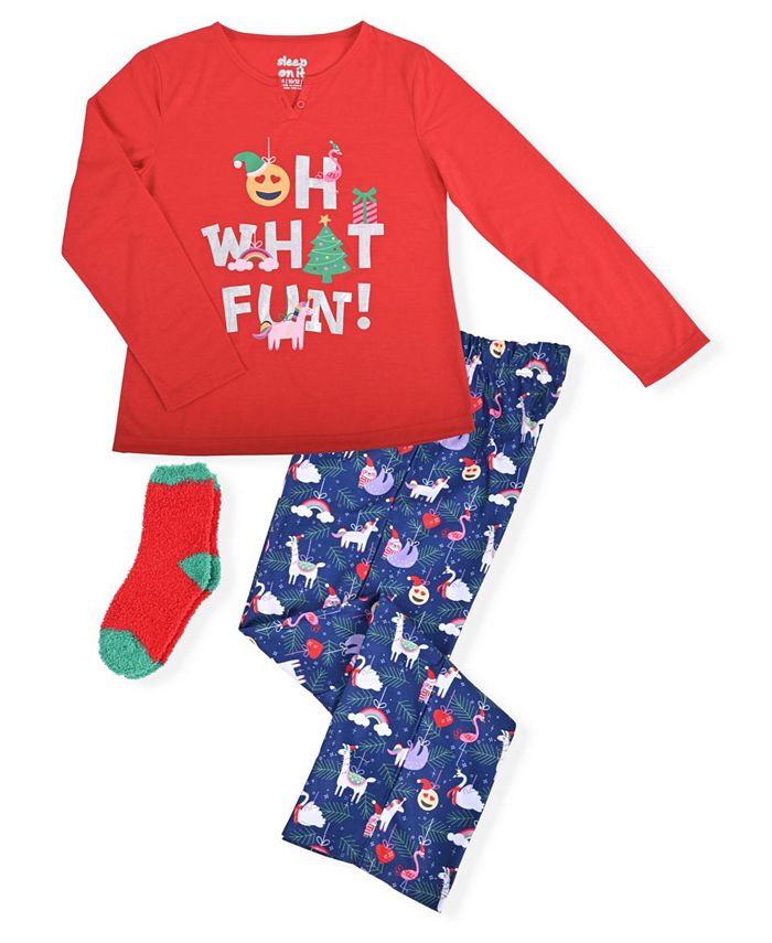 Sleep On It Big Girls Christmas 2 Piece Pajama Set with Cozy Socks