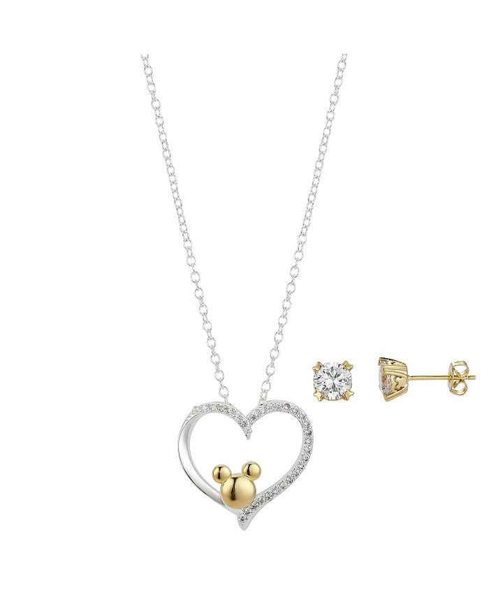 Disney - Two-Tone Cubic Zirconia Mickey Mouse Heart Pendant Necklace and Earring Set