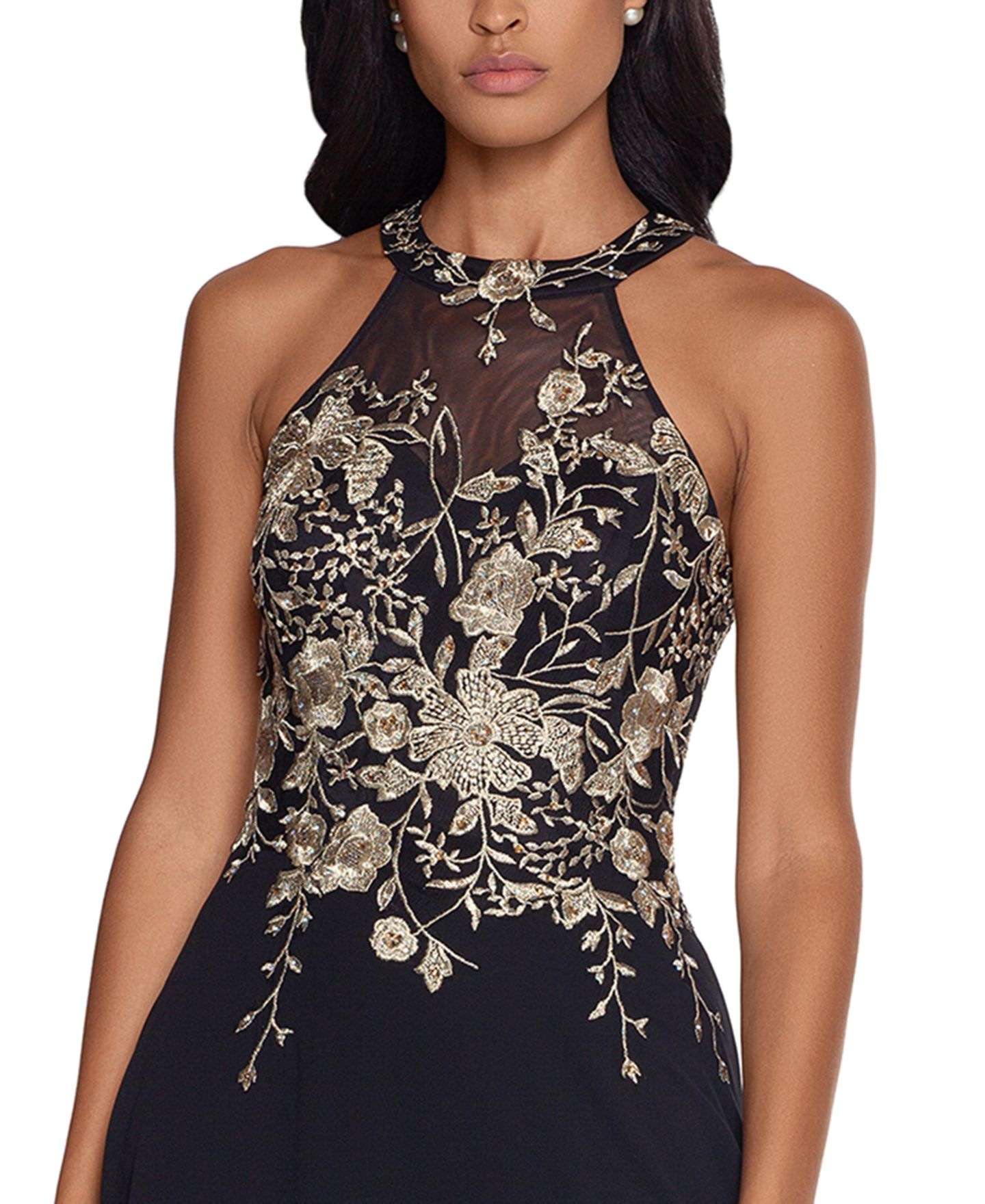 Женские платья Betsy & Adam Embellished Chiffon Illusion Gown, цвет: Чёрный золотой с принтом — фото 3