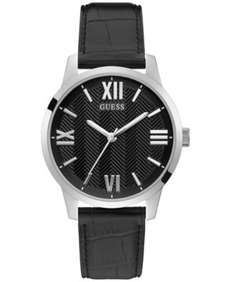 GUESS - Men's Silver-Tone Black Leather Watch 42mm