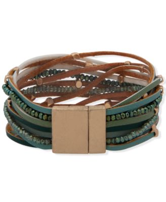 Gold-Tone Beaded & Faux-Leather Multi-Row Magnetic Bracelet
