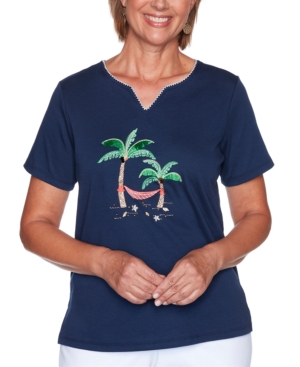 ALFRED DUNNER PETITE ISLAND HOPPING EMBROIDERED PALM TREE TOP