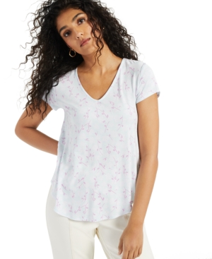 Alfani Printed V-neck T-shirt, Created For Macy's In Bl Small Blossom Bloom