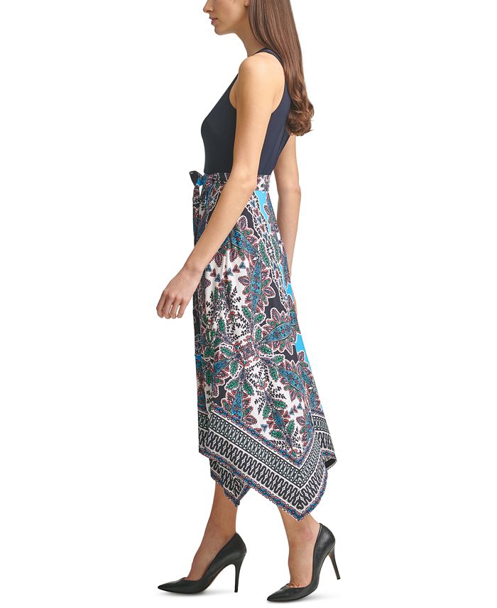 vince camuto belted asymmetrical gown