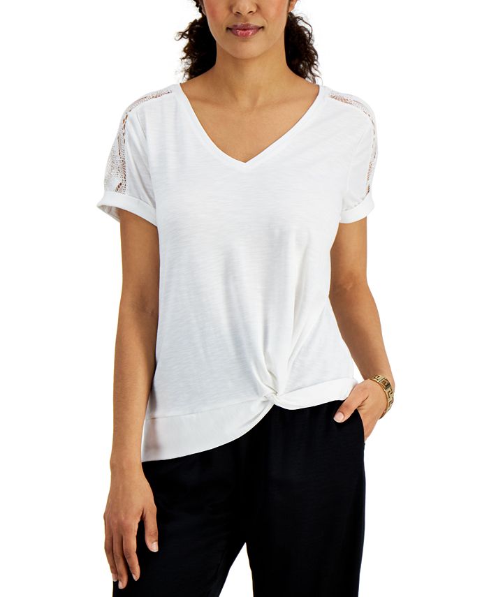 JM Collection Lace-Shoulder T-Shirt, Created for Macy's & Reviews ...