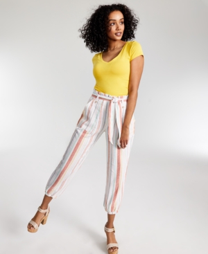 Indigo Rein Juniors' High-Rise Striped Paperbag-Waist Jogger Pants