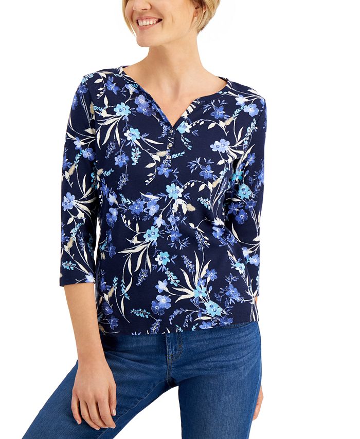 Karen Scott Petite Wildflower Escape Henley Shirt, Created for Macy's ...