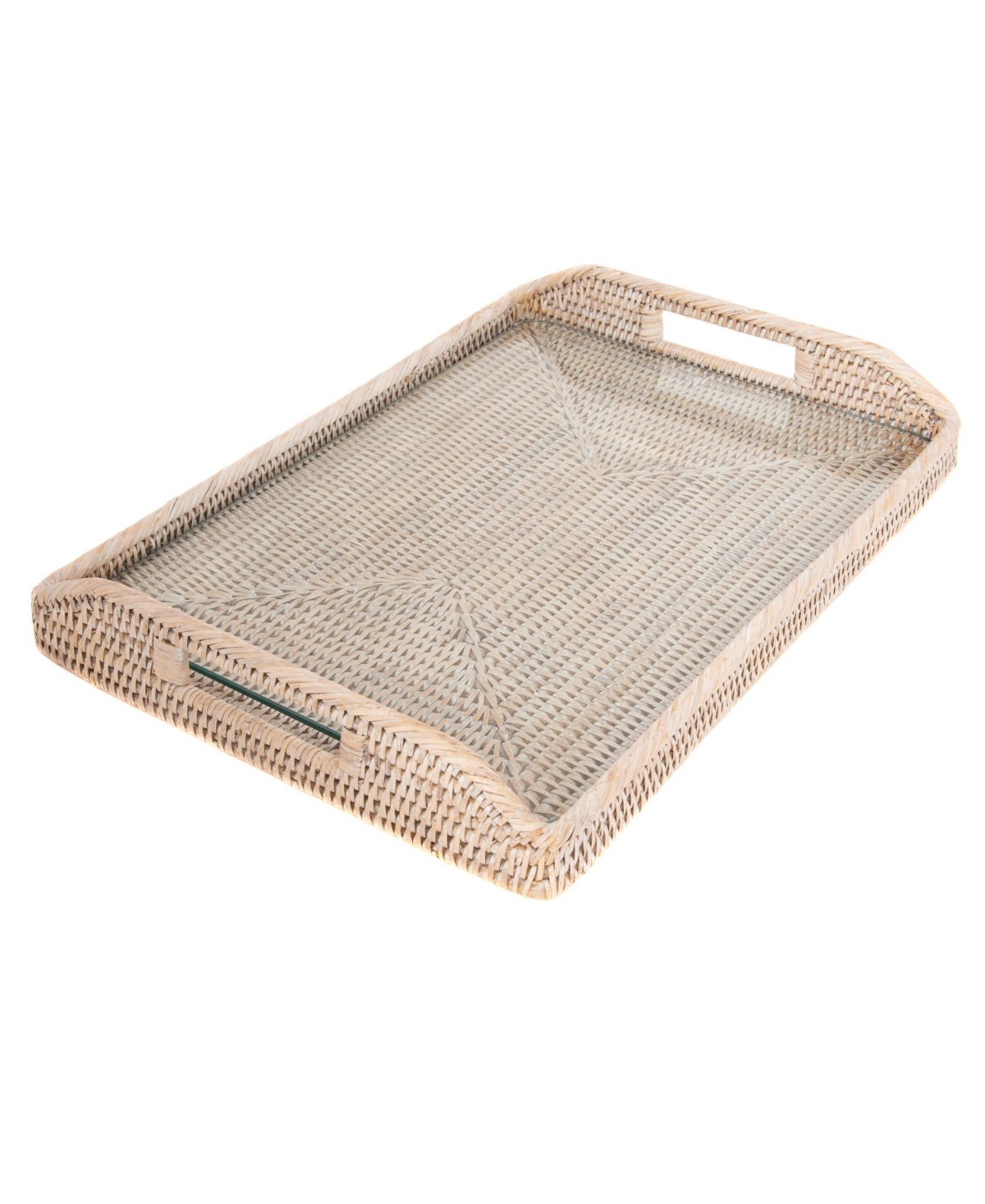 Artifacts Trading Company Artifacts Rattan 17" Rectangular Tray With Glass Insert In Open White