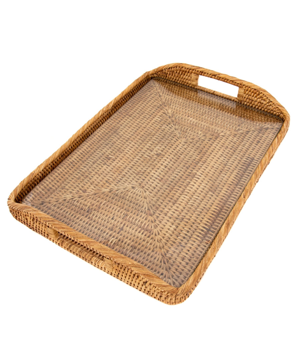 Artifacts Trading Company Artifacts Rattan 17" Rectangular Tray With Glass Insert In Medium Brown