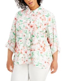 Plus Size Floral-Print Roll-Tab Shirt