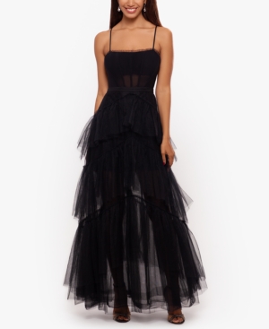 Shop Betsy & Adam Mesh Corset Ball Gown In Black