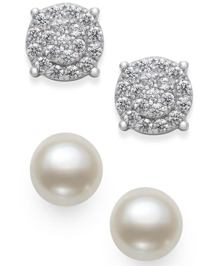 Macy's 2-Pc. Set Cultured Freshwater Pearl (7mm) & Cubic Zirconia Stud Earrings in Sterling