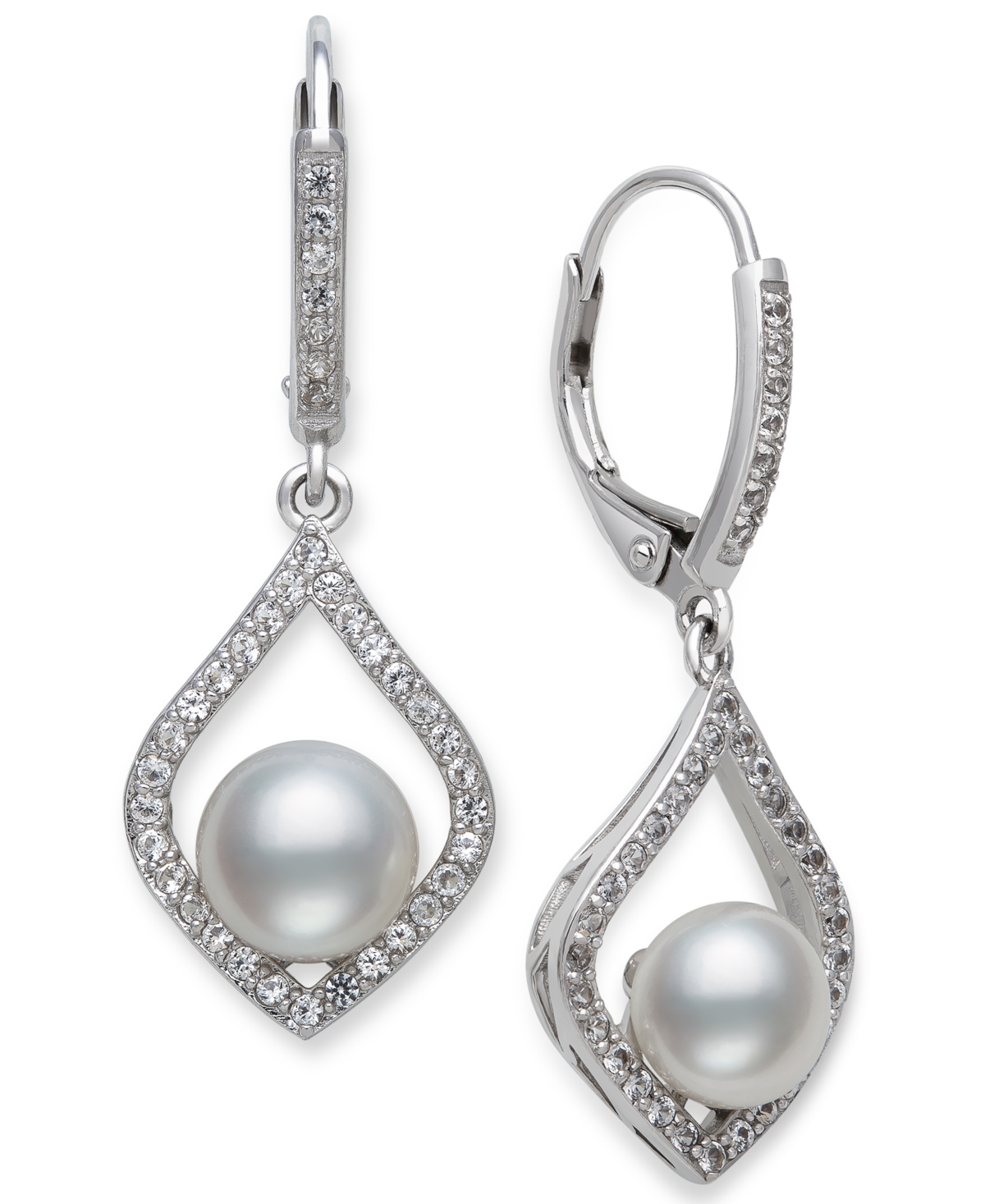 Cultured Freshwater Pearl (7mm) & Cubic Zirconia Drop Earrings in Sterling Silver - Sterling Silver