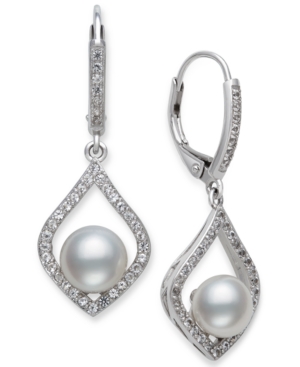 Shop Belle De Mer Cultured Freshwater Pearl (7mm) & Cubic Zirconia Drop Earrings In Sterling Silver