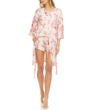 Flora By Flora Nikrooz Lauren Wrap Robe, Cami & Tap Shorts 3pc Travel Pajama Set In Lauren - Pink